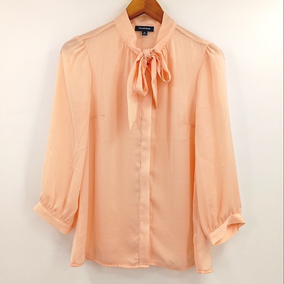 Modcloth Tops - MODCLOTH Retro Pussybow Mandarin Collar Pastel Peach Button Down Blouse Small